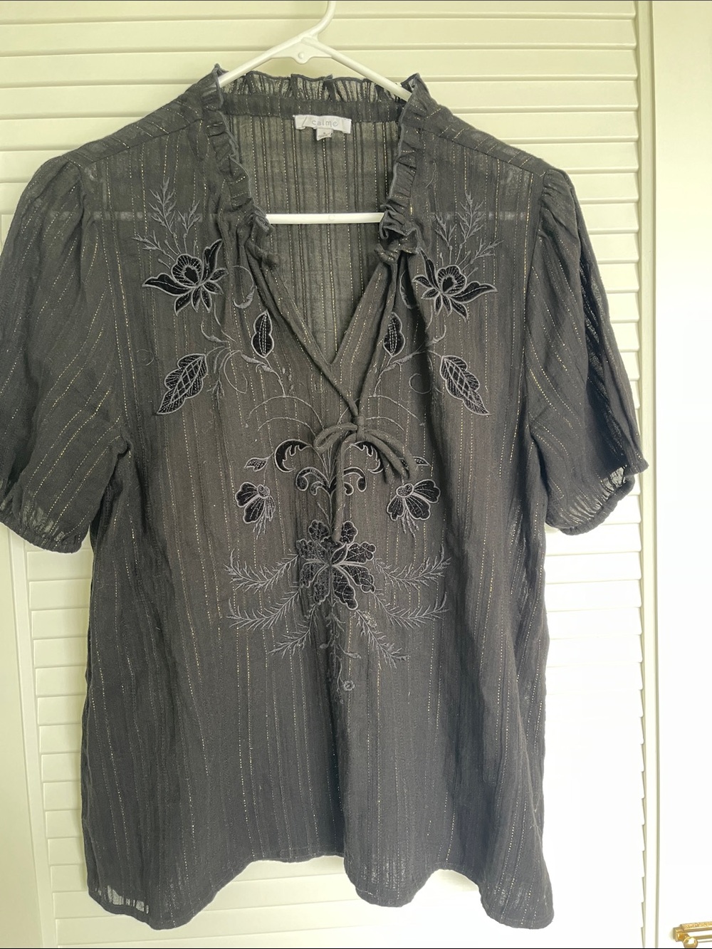 Embroidered Black Ruffle V-Neck Women's Top